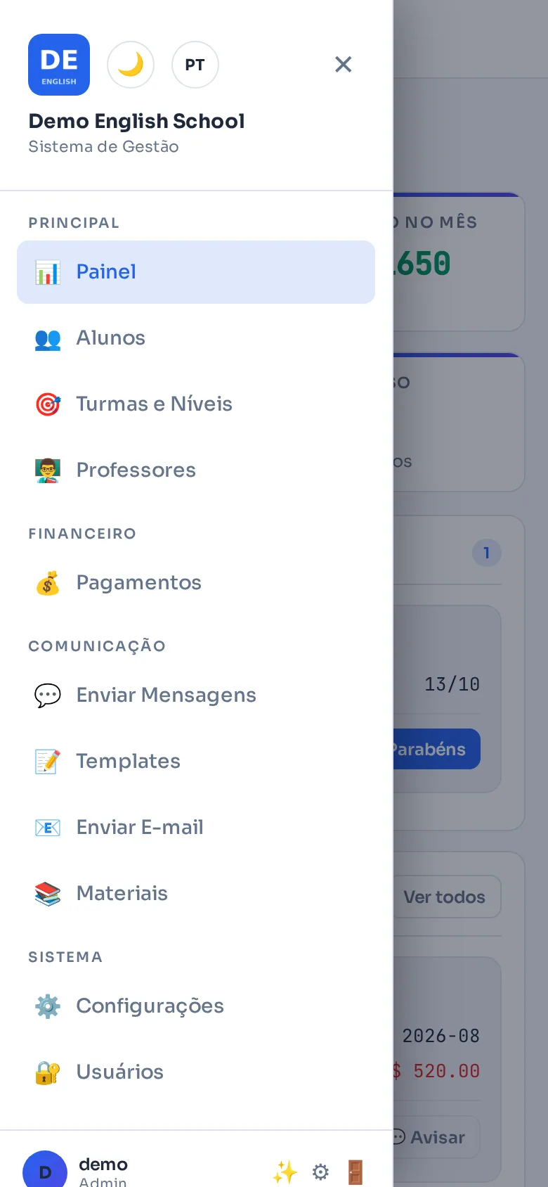 Menu do sistema no celular