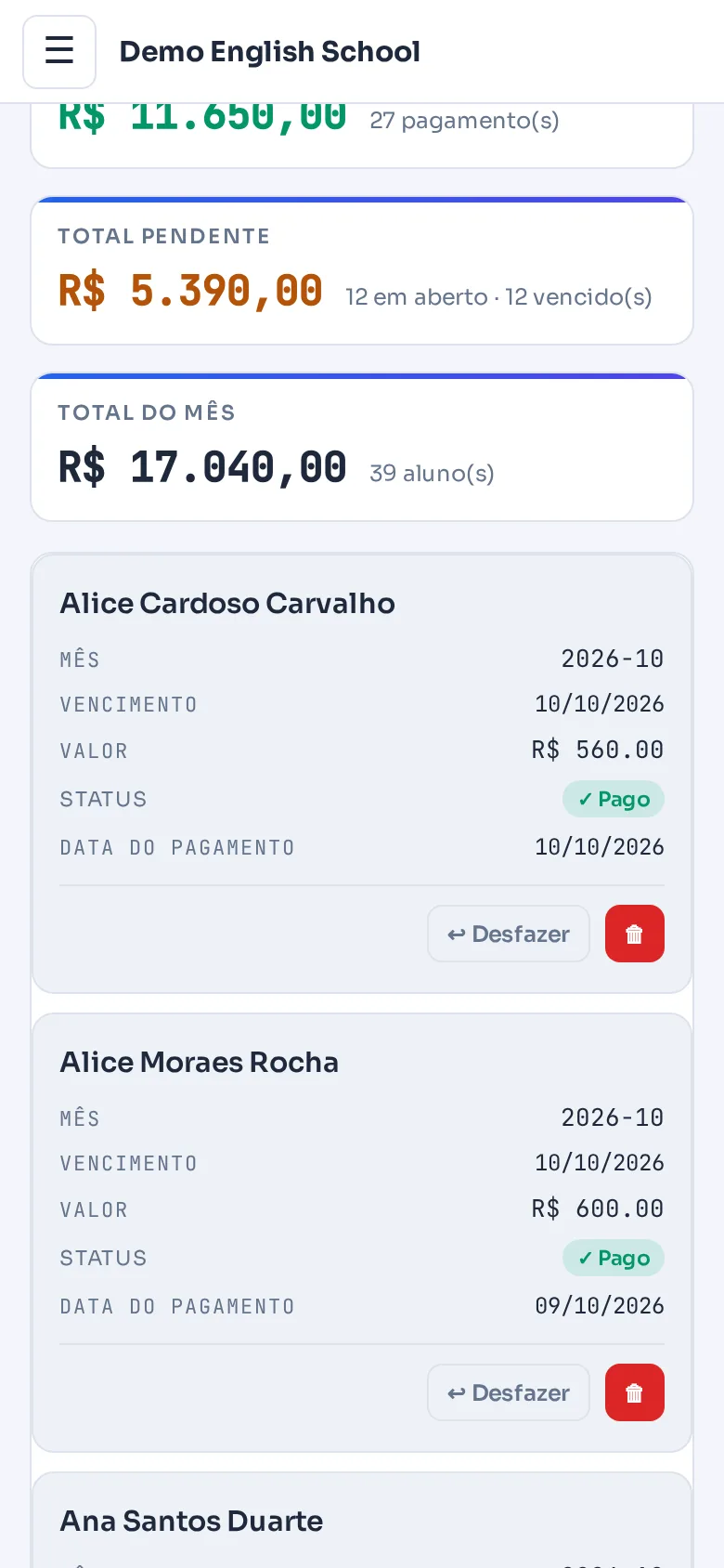 Tela de pagamentos no celular
